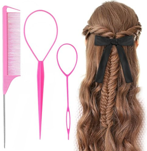 3pcs Topsy Tail Hair Tool, Pink Hair Looping Tool with Rat Tail Comb, Tail French Braid Loop Tool, Hair Braiding Tool for Making Hair Style(Pink)
