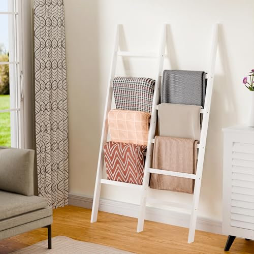 Daflymaco Blanket Ladder for Living Room - 10-Tier Bamboo Wood Towel Ladder Quilt Ladder Shelf Modern Decor Wall Leaning Ladder for Blankets Easy Assembly Blanket Holder for Home Bathroom White