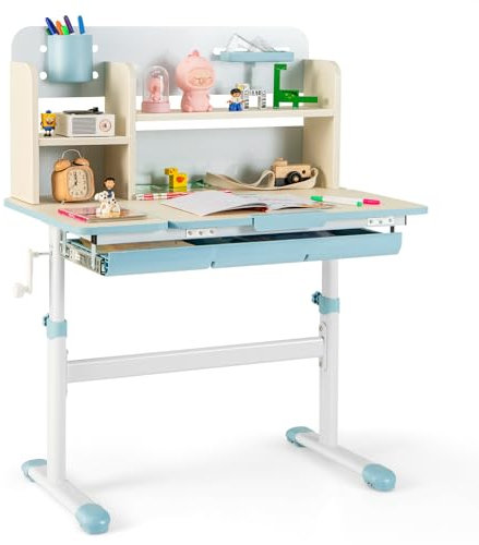 GYMAX Kids Desk, Height Adjustable Writing Table with Tiltable Desktop, Storage Shelf, Drawer, Pen Holder & Ruler, School Home Children Study Desk for 3-12 Years Old Boys Girls (Blue)