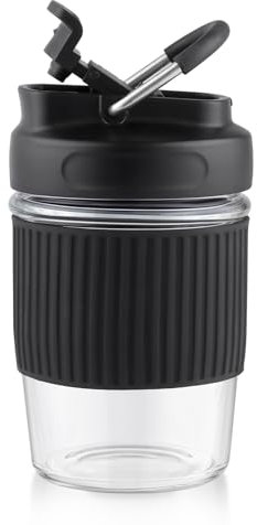 Sivaphe Reusable Glass Coffee Cup | 12oz/350ml Leakproof Travel Mug with Portable Metal Handle,Black | Borosilicate Glass,Eco-Friendly,BPA-Free|Camping,Gifts,Car Mug,School