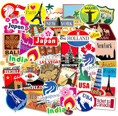 Travel Stickers 100Pcs Travel Map City Christmas Stickers Vinyl Waterproof World Tourism Landmarks Stickers with Famous Building Attractions Cityscape for Adults Teens Laptop Guitar Luggage Bicycle