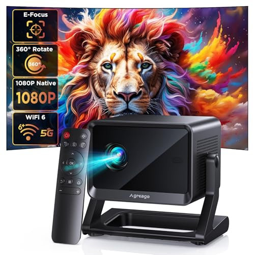 [360° Adjustable Stand] Projector with WiFi and Bluetooth, Electric Focus Movie 1080P Projector, Portable Home/Outdoor Projector for Phone/TV Stick/PowerPoint/Laptop