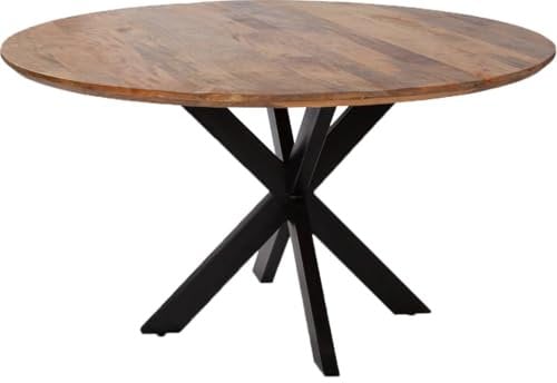 MR. DEKO® Tisch AVOLA | Holztisch Rund | Runde Tischplatte Mangoholz 110 cm | Cross-Form Metallgestell Schwarz | Tisch für 4 Personen | Esszimmertisch rund Modern | Round Dining Table | Küche