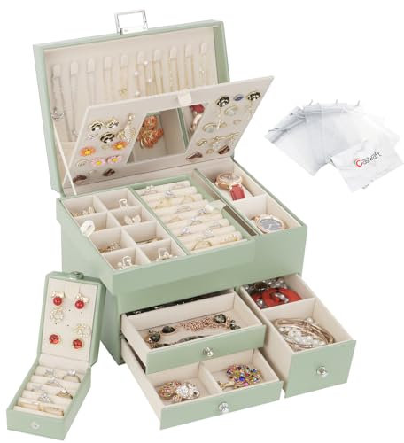 Casiwaft Schmuckkästchen, 3 Ebenen großer PU Leder Reise Schmuckschatulle mit tragbarer Mini-Box für Reisen, Schmuckbox mit Spiegel für Halsketten, Ohrringe, Ringe, Uhren, Avocadogrün
