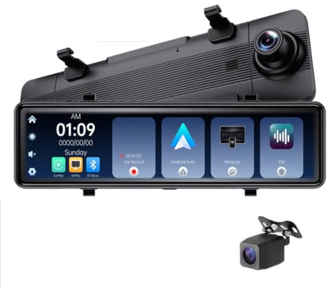 Cámara de salpicadero 4K con espejo Carplay y Android Auto, cámara delantera y trasera con función de rastreador GPS WiFi, cámara de espejo retrovisor de 11 pulgadas con control de voz, llamada BT,