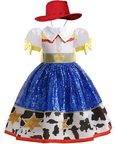 Snyemio Jessie Kostüm Mädchen Cowgirl Kinder Kleid Faschingskostüm mit Hut für Halloween Karneval Verkleidung, 128-134(Etikett 130)