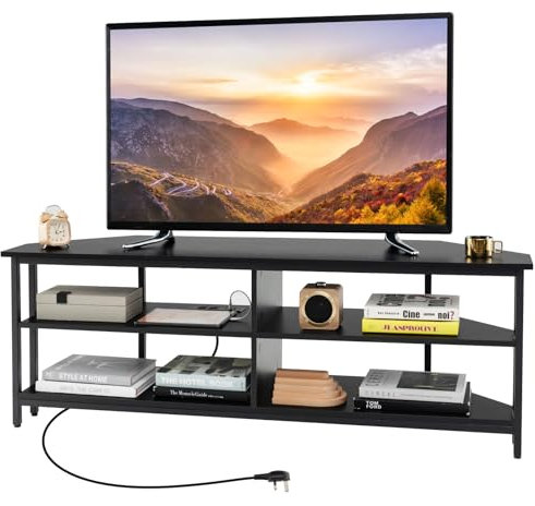 Moderno soporte de TV con estación de carga para televisores de 60 pulgadas, gabinete multimedia de esquina con estantes de almacenamiento y mesa consola para sala de estar o dormitorio, elegante