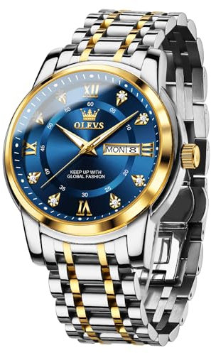 OLEVS Herren Armbanduhr Gold Silber Edelstahl Band Diamanten Herren Uhren Blau Groß Wählscheibe Analoger Quarz Lässig Herrenuhren Stilvolle Leuchtend Wasserdicht Mit Datum Herrenuhr