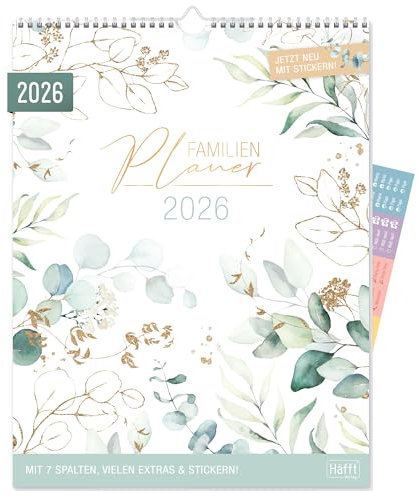 Häfft® Familienplaner XXL 2026 Wandkalender 7-spaltig mit Sticker Blattgold 33,1 x 44,6 cm, Familienkalender Wandplaner für 12 Monate: Jan bis Dez 26 - nachhaltig & klimafreundlich