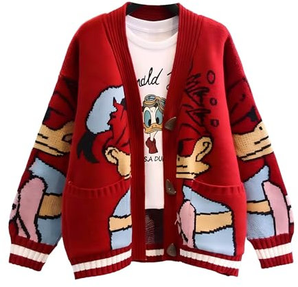 Womens Fall Cute Embroidery Cartoon Duck Cable Knit Cardigans Sweater Button Down Slouchy Wool Blend Coat (UK, Numeric, One Size, Red)