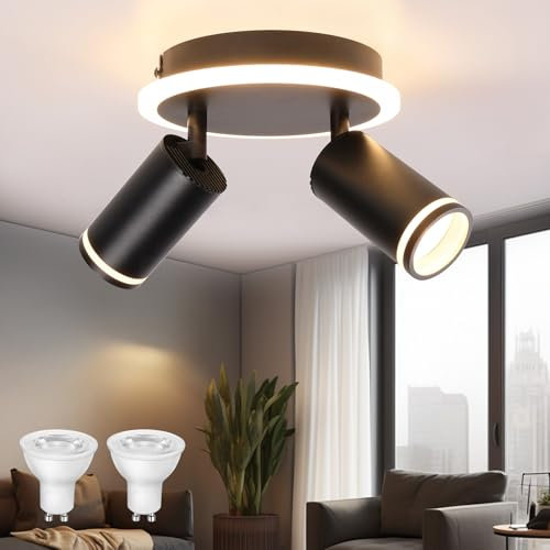 URing LED Deckenstrahler Schwarz Deckenstrahler 2 Flammig Schwenkbar 350° Deckenleuchten Rund - mit Unteres Glühen 6W+2x5W GU10 - Lampe Küche Spots Deckenleuchte 3000K Warmweiß Deckenlampe für Flur