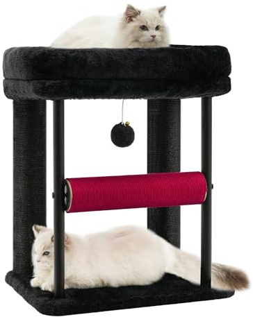 Hey-brother Cat Tree Tower with Rolling Scratching Post, Spacious Plush Platforms, Fully Sisal-Wrapped Column and Plush Toy Ball, Sturdy Bed for Indoor Kittens, 18.9 inches, Black and Red MPJ010SBR