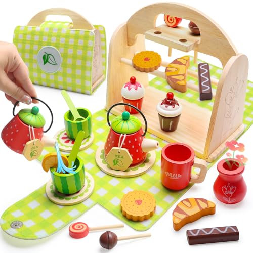 VBACALA Service à Thé en Bois pour Enfants, 23 Pièces Jouet Cuisine avec Valisette, Dînette en Bois Jeu de Rôle Montessori, Cadeau pour Filles et Garçons 3 4 5 Ans