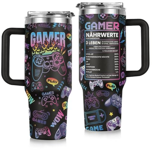 Gamer Geschenk, Geschenke für Männer, Geschenkidee für Computerspieler, Gaming-Fans und Zocker, Geburtstagsgeschenk, Geschenke für Papa Freund Mann, 40 OZ Thermobecher mit Deckel und Strohhalm