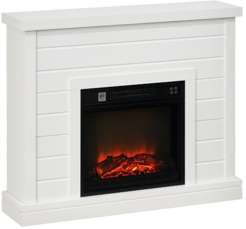 HOMCOM Elektrokamin mit Heizung Flammeneffekt 1800 W Dekokamin Weiß | Elektrischer Kamin, Timer, Einstellbarer Thermostat, Überhitzungsschutz, Fernbedienung, Elektrisch Kaminfeuer, Kaminofen