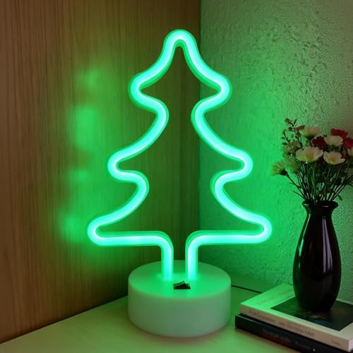 Weihnachtsdeko Neonschild mit Sockel, Beleuchtet Weihnachtsdeko Neon Nachtlicht, USB/Batteriebetriebenes Weihnachten Leuchtschilder für Weihnachtsfeier Geburtstagsfeier Schlafzimmer (Weihnachtsbaum)