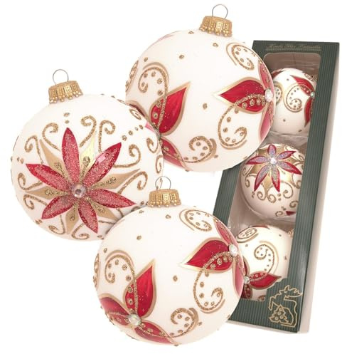 Krebs Glas Lauscha Weihnachtskugeln Weihnachtsstern Edel Weiß 8 cm - 3er Set - mundgeblasen & handdekoriert - edle Glasornamente mit Strass & Glitter