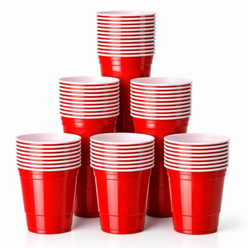 HaushaltO Red Cups - 50 vasos de cerveza extra fuertes, 473 ml, reutilizables, vasos de plástico rojo para pong de cerveza, fiestas, festivales, JGA, camping