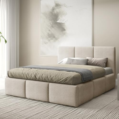 Home Collective Polsterbett Bett Doppelbett mit Bettkasten Bettgestell mit Lattenrost 140x200 160x200 180x200 weich gepolstert modernes Design Schlafzimmer Jugendzimmer Möbel | Hellbeige 140x200 cm