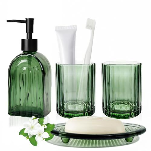 Grünes Glas-Badezimmer-Accessoire-Set, 4-teilig, mit Breiten Streifen | bestehend aus Seifenspender, Mundspülbecher und Seifenschale für Waschbecken, Badezimmer und Schminktisch.