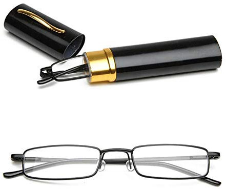 KOOSUFA Lesebrillen Herren Damen Tragbar Brillenhülle Metall Klassische Scharnier Schmal Leichte Stil Stärken lesebrille mit Etui Taschenclip Brillenetui (Schwarz, 1.5)