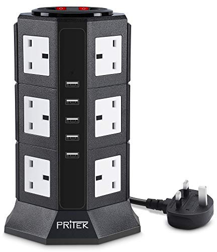 Extension Lead, PRITEK 12 Outlets Extension Socket 10A/2500W 1000J Surge Protector Tower Power Strip with 6.5ft Extension Cord 5V/4.5A Smart USB Charging Ports Suit for Cellphone Tablet and more