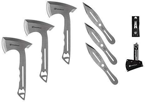 Smith & Wesson 8in Throwing Knives and 10in Axes Combo with Full Tang Stainless Steel Design, Bottle Opener and Nylon Sheaths for Recreation and Competition