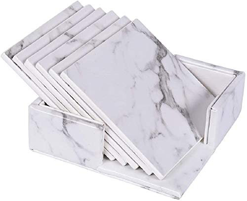 FülleMore 6 Stücke Getränkeuntersetzer mit Halter Kunstleder Glasuntersetzer Weiß Marmoroptik Untersetzer hitzebeständige Tischplattenschutz Für Trinkgläser,Tische (quadratisch-Form(10x10cm))