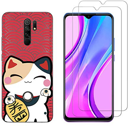 NOVAGO Compatible avec Xiaomi Redmi 9-Coque Solide avec Impression + 2 Films Protection écran Verre trempé résistant (Plus Petits Que l'écran) (Coque+Films, Chat)