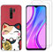NOVAGO Compatible avec Xiaomi Redmi 9-Coque Solide avec Impression + 2 Films Protection écran Verre trempé résistant (Plus Petits Que l'écran) (Coque+Films, Chat)