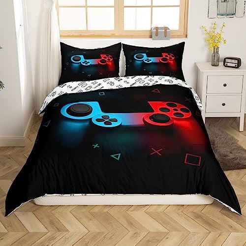 Kids Video Games Bedding Set,Gamer Printed Comforter Cover Gaming Controller Pattern Design,Decorative Modern Fashion 3 Piece Gamepad Duvet Cover Set with 2 Pillow Shams(Super King,Blue Red Black)
