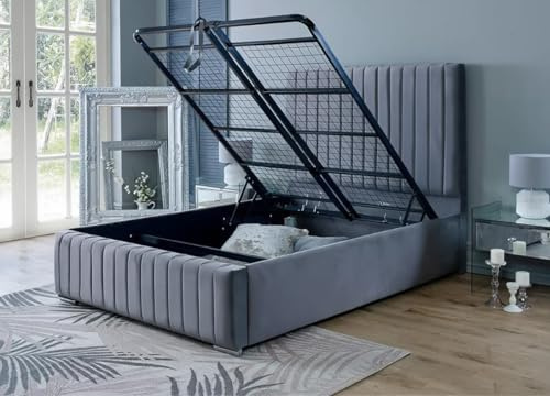 King Size Ottoman Bed| 5ft King Size Storage Bed with Gas Lift Up Heavy Duty Mesh Frame, Upholstered Base and Headboard (Steel Grey)