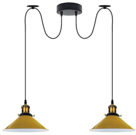 LEDSone Vintage 2-Kopf-Licht Spinnenlampe Pendelleuchte Höhenverstellbarer Metallkegel Lampenschirm Retro Industrieller Deckenleuchter mit E27-Fassung(Gelb)