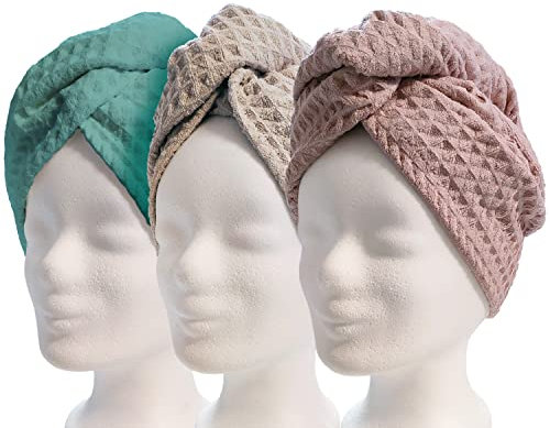 Lead Care Haarturban, Turban, Haartrockentuch, 3er Set - schnell trocknendes Mikrofaser Trockentuch mit Knopf (3er Set türkis, Creme & rosa)