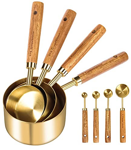 Cuteefun Messbecher und MesslöFfel, 8 Stück, Holzgriff, Mit Metrischen und US MaßEn, Premium Edelstahl, Gold Poliert, Trockener & FlüSsiger Messbecher, Zum Kochen und Backen