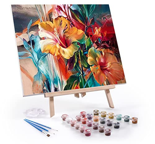digitCUBE Malen nach Zahlen Set 40x50cm auf Rahmen mit Staffelei (Blumen mit Staffelei, 40x50cm)