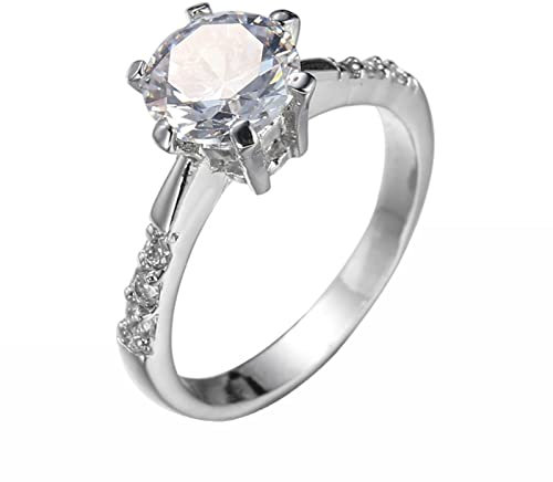 Whoiy Frauen Ringe Silber Six Claws Solitär Runder Weißer Zirkonia Jubiläum Geschenke für Frauen Größe 54 (17.2)