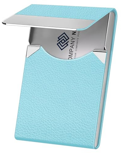 Porte-cartes de visite en métal pour homme et femme – Étui professionnel en cuir synthétique avec blocage RFID et fermoir magnétique (bleu litchi), Bleu litchi, Minimaliste