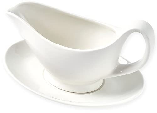 Dinnerlit Gravy Boat with Saucer - 16oz Fine Porcelain Sauce & Salad Dressing Boat (White)