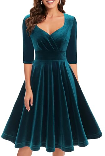 Bbonlinedress Abendkleid elegant für Hochzeit Weihnachtskleider Damen festlich 3/4 arm V-Ausschnitt Langarm samt Kleider Winter Freizeitkleider Turquoise M