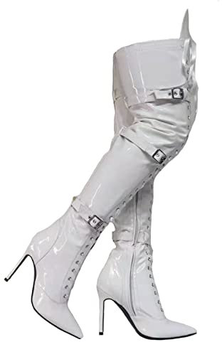 woileRQ Stivali Alti alla Coscia Bianchi Lucidi da Donna, Stivali sopra Il Ginocchio con Cerniera Laterale, Stivali Lunghi con Tacco a Spillo alla Moda, Stivali Occidentali,Bianca,41