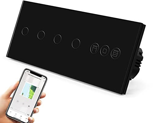 BSEED Interruptor Persiana WiFi,interruptores tactil empotrado,Inteligente Control de Porcentaje,Panel de Cristal,Control Remoto,Requiere Cable Neutro,2 * 2 Gang + Persiana,228mm Negro