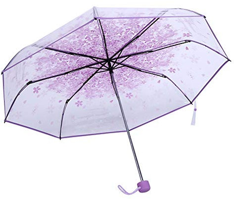 Ejoyous Taschenschirm Transparenter Regenschirm mit Blumen, Taschenschirm Prinzessinnenschirm Muster Blumen Leicht Durchsichtig Windfest Reiseschirm Durchmesser 93 cm (Helles Lila)