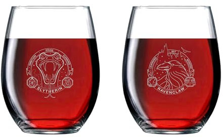 Katalyst Harry Potter Slytherin and Ravenclaw House Sigil Stemless Wine Glasses Cocktail Tumbler Glasses 17 oz 2 Pack