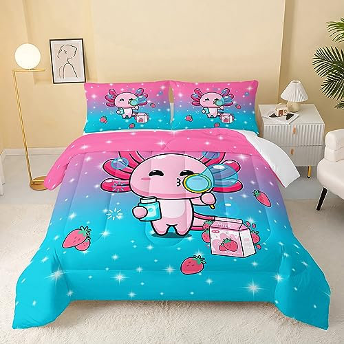 QOOMO Kawaii Axolotl Bettdecke, rosa Salamander Bettwäsche-Set für Kinder, Teenager, Mädchen, 3-teiliges Bettwäsche-Set, bedruckte Bettdecke mit 2 Kissenbezügen, weich und leicht (rosa, Doppelgröße)