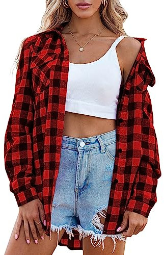 Zeagoo Karohemd Damen 3/4 Ärmeln Kariert Bluse V-Ausschnitt Casual Oberteile Trachtenbluse Oktoberfest Hemd Holzfällerhemd Baumwolle Shirt Top Blau L A-Rot L