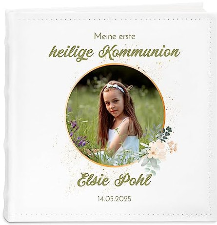 Maverton Einsteckalbum mit Aufdruck - Fotoalbum für 200 Fotos 10x15-50 Seiten - Größe: 21x22cm - Weiß - personalisierte Geschenke für Kind zur Erstkommunion