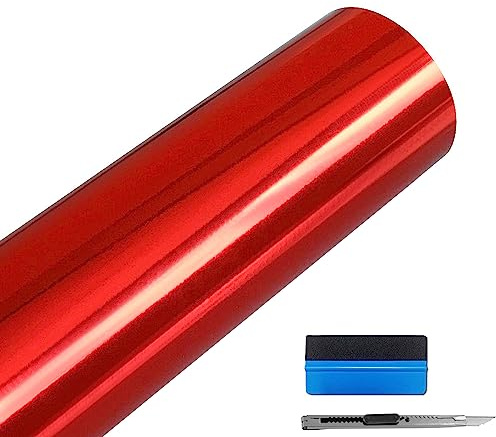 NewL glänzende Chrom-Rot Vinylfolie 50 x 150 cm,Selbstklebend | Chrom-Oberfläche, inkl. Montagewerkzeug, hohe Dehnbarkeit, außengeeignet, rückstandsfrei haftend, für Autos und Motorräder