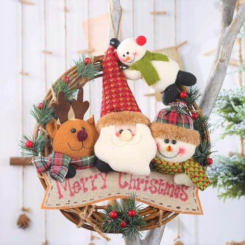 LATERN Couronne de Poupée de Noël, 30CM Artificiel Rotin Feuilles de Pin Baies Rouges Couronne Suspendue avec Poupée en Peluche Elk Santa Bonhomme de Neige pour Noël Porte D'entrée Cheminée l'Avent