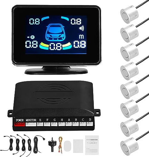 Shkalacar Einparkhilfe, Rückfahrhilfe vorne hinten mit 8 Parksensoren, Abstandserkennung,LCD Abstandsanzeige,Unterstützt akustische Warnung/Summer/Stummschaltung, Parksensor für 12V Fahrzeugen, Silber